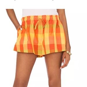 1. State Orange and Yellow Plaid High Waist Shorts